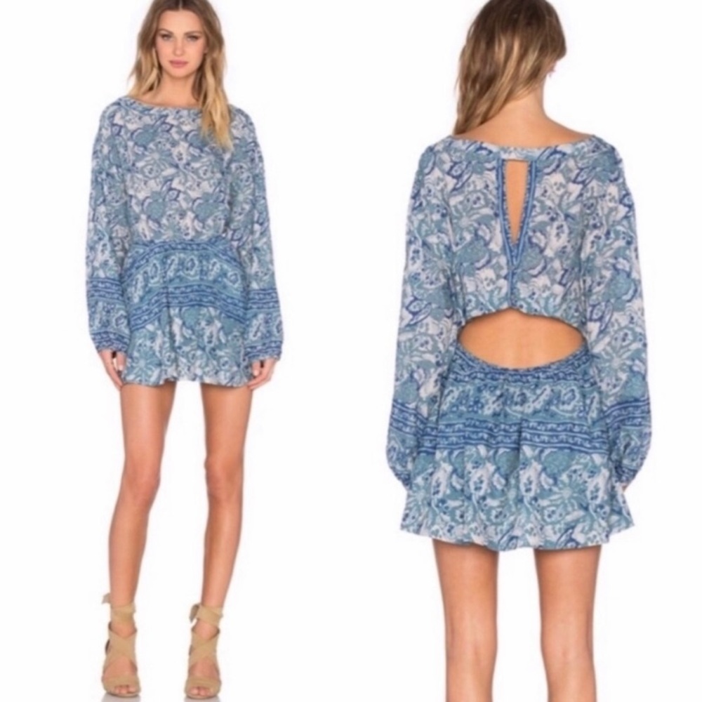 Free People Blue Printed Cutout Back Dress